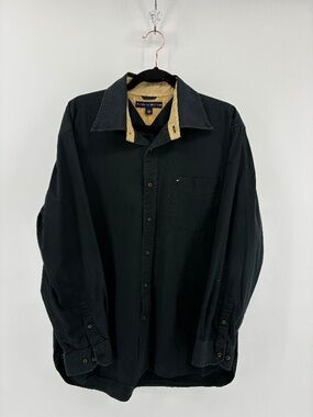 Tommy Hilfiger Men's Black Button-Up Shirt with Contrast Collar